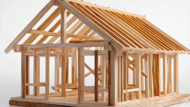 Wooden house frame model on white background displaying construction elements