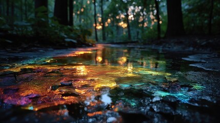 Neon light reflections shimmering on water surface of quiet forest pond, glowing natural water mirror, radiant colors, neon hues blending with nature, mystical aquatic scene