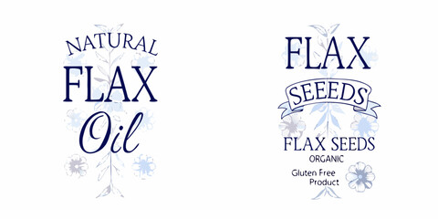 Natural flax oil and flax seeds product labels with ornate designs