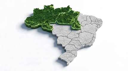 3D map of Brazil with Amazon rainforest in green and urban area in gray,environmental conservation and deforestation contrast,eco awareness concept
