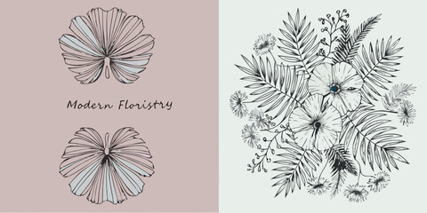 Botanical sketches featuring floral arrangements and delicate leaf illustrations in muted tones