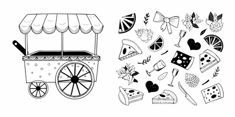 Charming hand drawn illustration of a food cart and various sweet treats