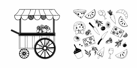 A charming food cart illustration with fruits pastries and beverage sketches