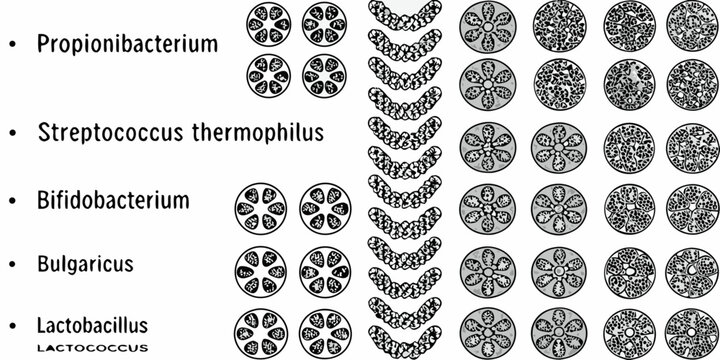 Microscopic view of propionibacterium streptococcus bifidobacterium bulgaricus and lactobacillus bacteria