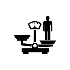 Fototapeta premium Solid black silhouette icon of a weighing scale with a human figure, flat vector style, simple shape, no details, World Obesity Day awareness