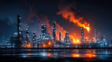 Oil refinery glowing at night with bright lights, flare stack emitting fire, industrial skyline, complex pipe network, petrochemical plant operation, energy production site, night scene