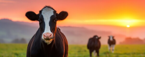 Farm Livestock Solitude concept. Cow in a field at sunset with a serene landscape background.