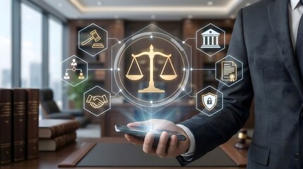 Businessman using mobile technology with digital icons of justice scale, legal services and law firm innovation, modern legal tech for professional solutions