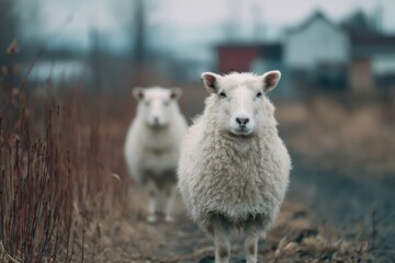 Fototapeta premium Farm Livestock Solitude concept. Two sheep on a rural path with a blurred background.