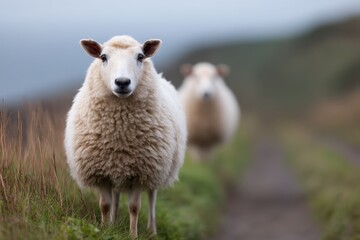 Farm Livestock Solitude concept. A sheep stands prominently on a grassy path in a rural landscape.