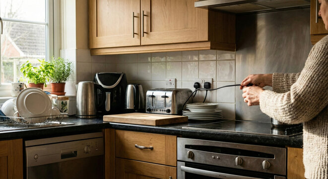Woman plugging electrical cord into kitchen wall socket.
