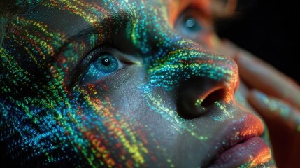 Person using facial projection mapping in artistic performance, real-time face visuals, immersive light display, tech-theater integration, creative digital expression, mapped visuals