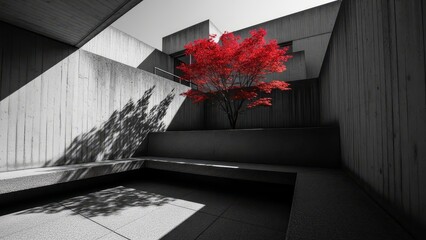 A vibrant red tree stands out against a backdrop of modern gray concrete architecture with sharp geometric lines and shadows cast on the walls and ground with urban