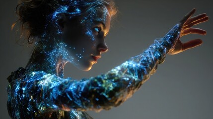 Person with data projections mapped onto body or skin, futuristic display interface, bio-digital visualization, AR mapping concept, living canvas for interactive technology