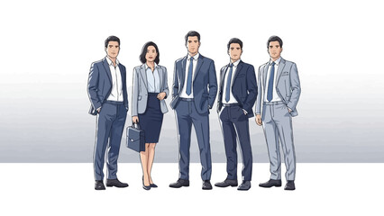 A diverse group of five professionals, including three men and two women, dressed in formal business attire and standing together.