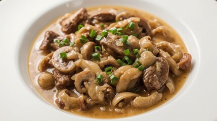 Delicious beef stroganoff dish with mushrooms and chopped herbs in creamy sauce served in white bowl with mushroom dish and gourmet meal and delicious food