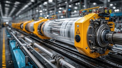 Plastic production plant with polymer extrusion machine, molten plastic output, manufacturing line, material processing, synthetic product formation, industrial factory operation