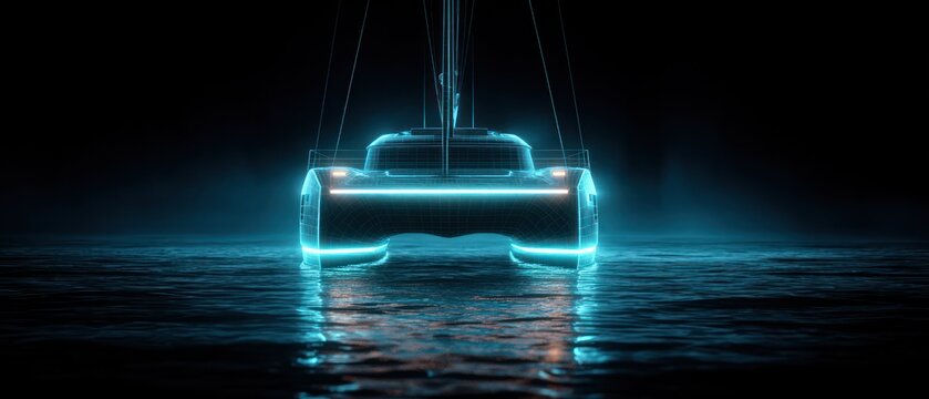 Futuristic catamaran yacht in neon light on water