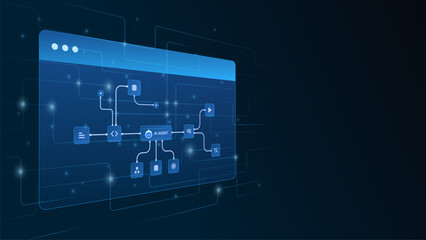 AI workflow automation artificial intelligence. ai agent network diagram dashboard machine learning, code panels, data pipeline and automation system.