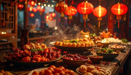 Fototapeta premium Traditional festive food table with dumplings and warm lantern light during Laba Festival