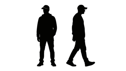 Two silhouettes of a man wearing a baseball cap and hoodie, one facing forward and the other in profile walking.