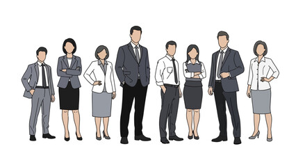 A diverse group of business professionals standing together in formal attire, representing teamwork and corporate culture.