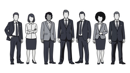 A diverse group of business professionals standing in a line, showcasing a variety of genders and ethnicities in formal attire.