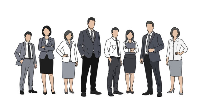 A diverse group of business professionals standing together in formal attire, representing teamwork and corporate culture. - Powered by Adobe