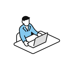 ノートパソコンを操作する作業員のシンプルなベクターアイコンイラスト