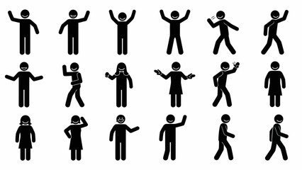 A collection of diverse stick figure illustrations depicting various human poses and actions, including dancing, waving, and walking.