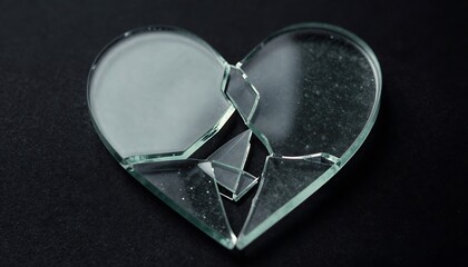 A fragile glass heart, shattered into many pieces, rests on a somber dark background