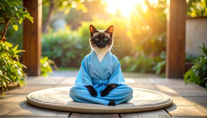 Meditative cat in a blue kimono, outdoors, sunny, peaceful scene