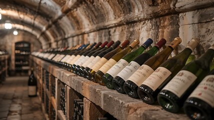 Vintage Wine Cellar With Bottles Aging in Stone Basement Photo