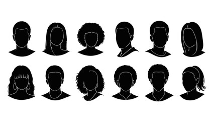A collection of diverse black silhouette headshots representing various hairstyles and genders.