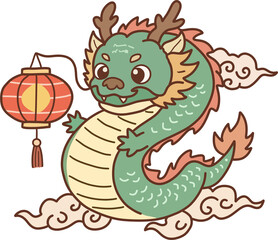 Cute Chibi Chinese Dragon holding a traditional red lantern among auspicious clouds for Lunar New Year celebration.