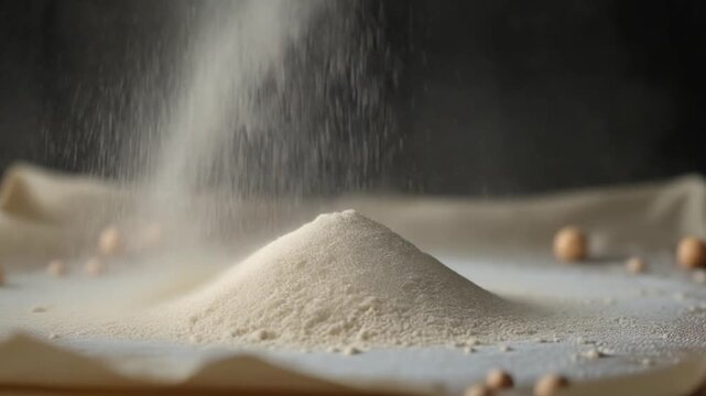 Fine Powder Falling Creating Mountain Shape Near Round Grains Macro Shot