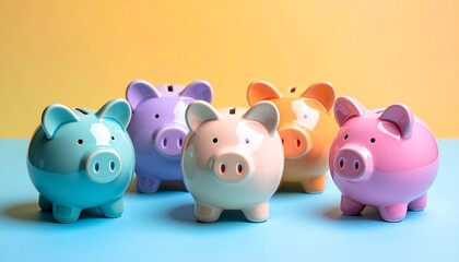 Five colorful piggy banks&mdash;light pink, pink, blue, yellow, pink&mdash;stand in a row against pastel vertical stripes.