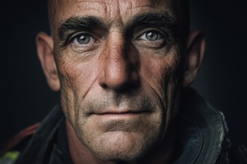 Bald man with intense expression and deep-set eyes gazes directly at the camera. Wrinkles and facial details are prominent, with a rugged appearance.