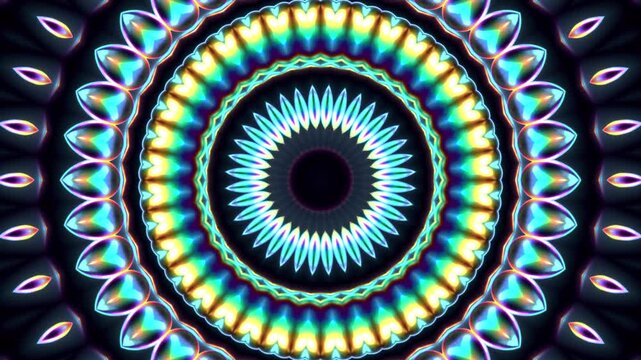 4K Colorful kaleidoscope background. Abstract multicolored motion graphics background for yoga specialist, astrology, art therapist, night club, music video.