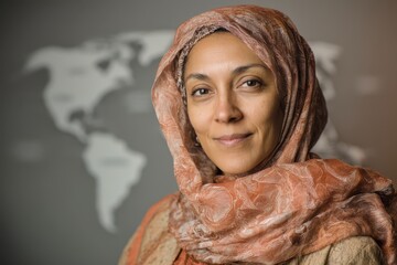 Woman wearing an orange patterned headscarf and light brown clothing, with a world map blurred in the background. She has a calm expression and is facing the camera directly