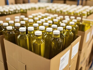 Glass bottles filled with golden liquid, likely oil, are neatly arranged in large cardboard boxes. Boxes have labels affixed. White caps on bottles. Boxes are seen in a storage area
