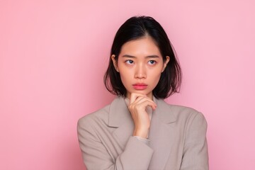 Thoughtful young woman with short black hair and beige blazer, resting chin on hand against unseen background, gazing forward with serious expression