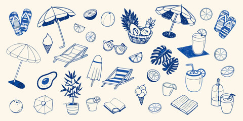 A collection of hand drawn summer themed items including beach accessories and fruits © Roni