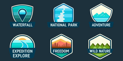 Collection of outdoor adventure badges featuring natural landscapes and travel themes © Roni