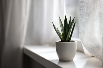 Potted green plant with long, pointed leaves sits on a white windowsill. Soft light filters through sheer curtains, creating a peaceful, minimalist ambiance. Focus on the plant and window setting