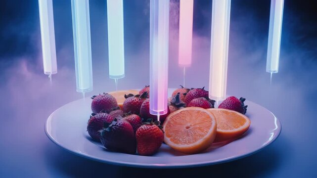 Illuminated plate of fruit beneath futuristic, light-emitting structures