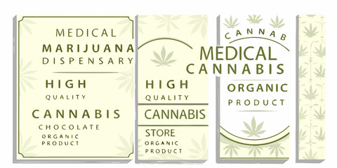Medical marijuana dispensary signage with cannabis leaves and organic product labels