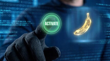Hacker activating malicious banana virus on computer screen