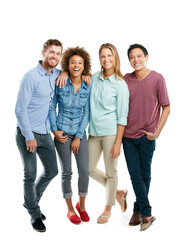 Obraz premium Creative, team and happy people in portrait in studio for collaboration, unity and solidarity. Diversity, startup staff and about us with group for partnership, support and smile on white background