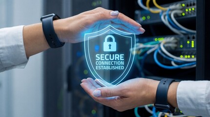 Secure connection established with glowing shield and lock symbol